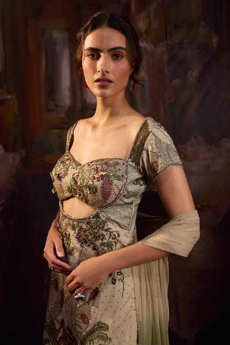 Falsa_Multi Color Silk Satin Embroidery, Sequins Sweetheart Neck Hand Kurta Set _Online_at_Aza_Fashions