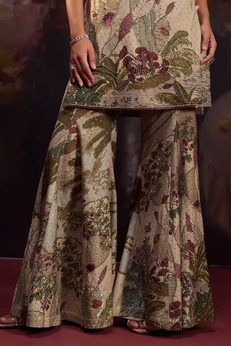 Buy_Falsa_Multi Color Silk Satin Embroidery, Sequins Sweetheart Neck Hand Kurta Set _Online_at_Aza_Fashions