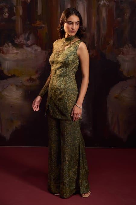 Falsa_Green Silk, Lace Embroidery Asymmetric Printed Tunic With Pant _Online_at_Aza_Fashions