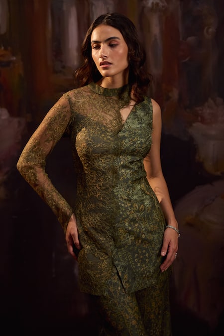 Shop_Falsa_Green Silk, Lace Embroidery Asymmetric Printed Tunic With Pant _Online_at_Aza_Fashions