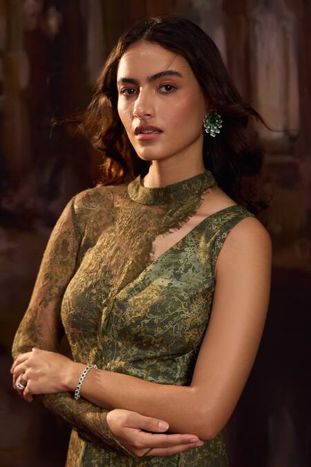 Falsa_Green Silk, Lace Embroidery Asymmetric Printed Tunic With Pant _at_Aza_Fashions