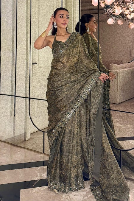 Falsa Green Silk, Tissue Embroidery Scoop Neck Handwoven Saree With Blouse 