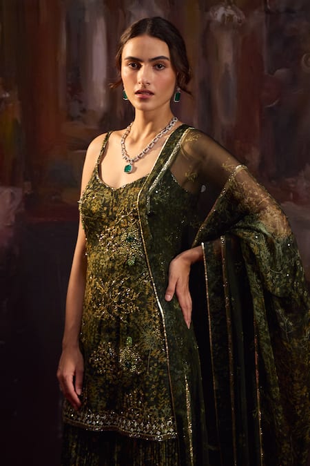 Falsa_Green Silk, Chiffon Embroidery Sweetheart Neck Sharara Set _Online_at_Aza_Fashions