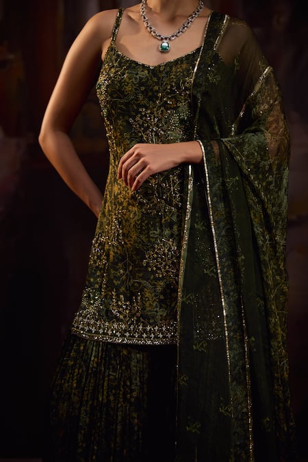 Buy_Falsa_Green Silk, Chiffon Embroidery Sweetheart Neck Sharara Set _Online_at_Aza_Fashions
