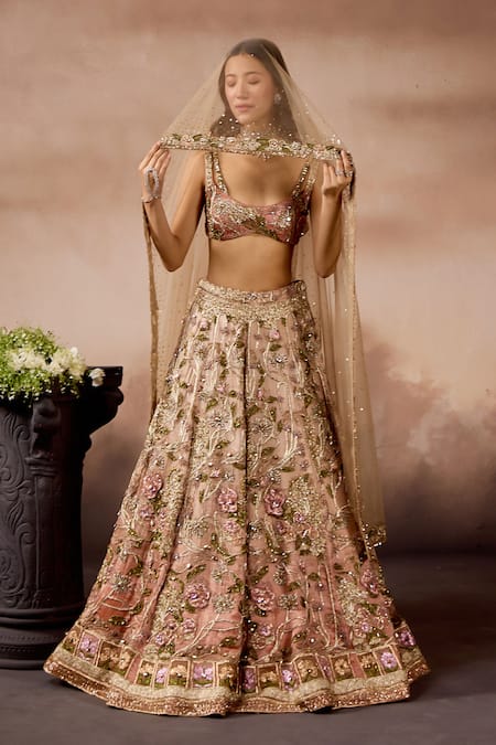 Falsa_Peach Silk, Tissue Embroidery, Sequins Round Neck Hand Lehenga Set _Online_at_Aza_Fashions