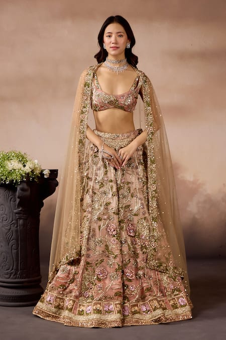 Buy_Falsa_Peach Silk, Tissue Embroidery, Sequins Round Neck Hand Lehenga Set _Online_at_Aza_Fashions