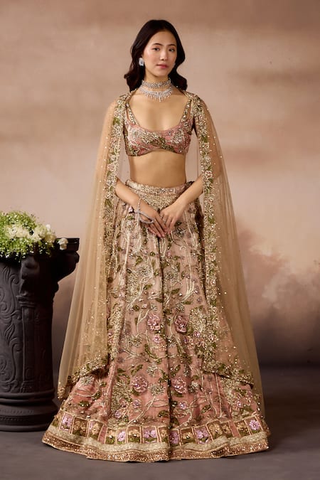Shop_Falsa_Peach Silk, Tissue Embroidery, Sequins Round Neck Hand Lehenga Set _Online_at_Aza_Fashions