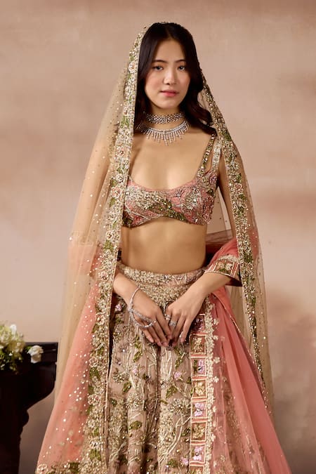 Falsa_Peach Silk, Tissue Embroidery, Sequins Round Neck Hand Lehenga Set _at_Aza_Fashions