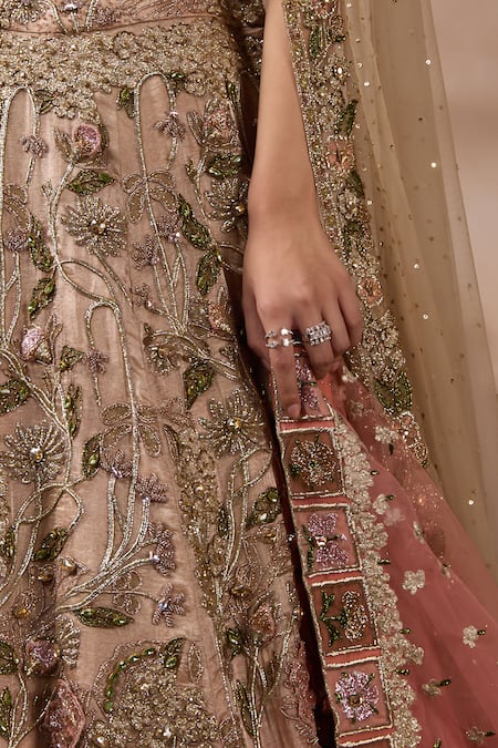 Buy_Falsa_Peach Silk, Tissue Embroidery, Sequins Round Neck Hand Lehenga Set 