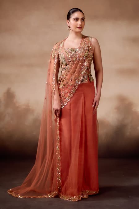 Falsa_Peach Silk, Tulle, Tissue Sequins, Beads, Pre-draped Saree And Corset Blouse _Online_at_Aza_Fashions