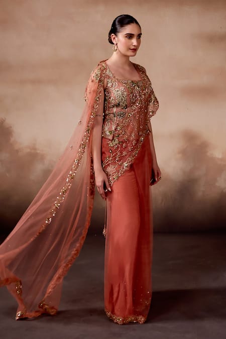 Buy_Falsa_Peach Silk, Tulle, Tissue Sequins, Beads, Pre-draped Saree And Corset Blouse _Online_at_Aza_Fashions