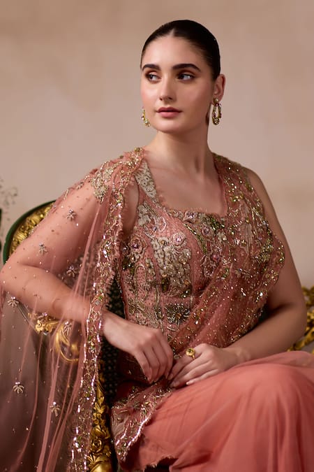 Shop_Falsa_Peach Silk, Tulle, Tissue Sequins, Beads, Pre-draped Saree And Corset Blouse _Online_at_Aza_Fashions