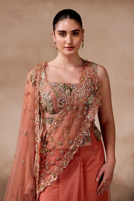 Falsa_Peach Silk, Tulle, Tissue Sequins, Beads, Pre-draped Saree And Corset Blouse _at_Aza_Fashions