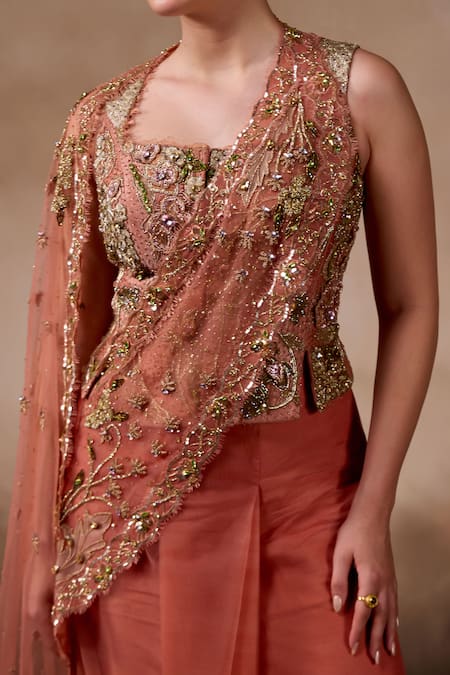 Buy_Falsa_Peach Silk, Tulle, Tissue Sequins, Beads, Pre-draped Saree And Corset Blouse 
