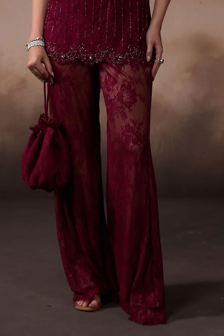 Falsa_Maroon Chantelle Beads, Sequins, Embroidery Scoop Neck Tunic And Pant Set _Online_at_Aza_Fashions