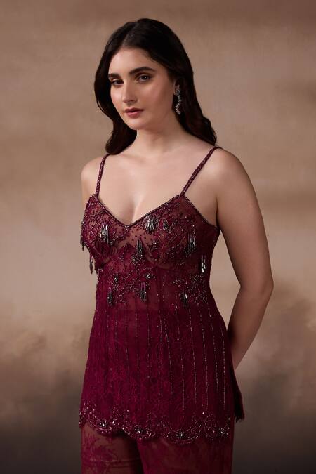 Shop_Falsa_Maroon Chantelle Beads, Sequins, Embroidery Scoop Neck Tunic And Pant Set _Online_at_Aza_Fashions