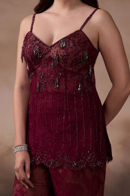 Falsa_Maroon Chantelle Beads, Sequins, Embroidery Scoop Neck Tunic And Pant Set _at_Aza_Fashions