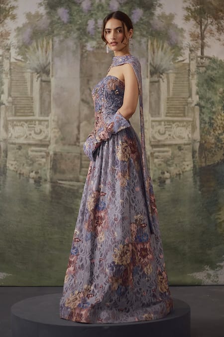 Falsa_Gray Chantelle Embroidery Bandeau Neck Printed Gown With Scarf _Online_at_Aza_Fashions