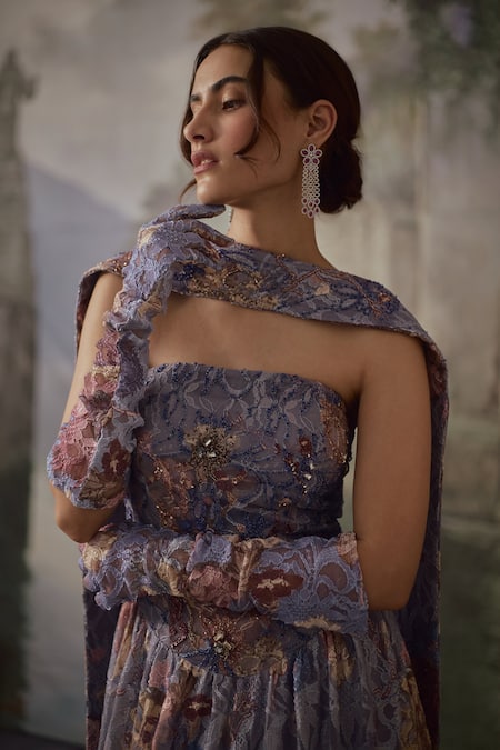 Buy_Falsa_Gray Chantelle Embroidery Bandeau Neck Printed Gown With Scarf _Online_at_Aza_Fashions