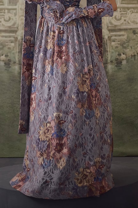 Shop_Falsa_Gray Chantelle Embroidery Bandeau Neck Printed Gown With Scarf _Online_at_Aza_Fashions