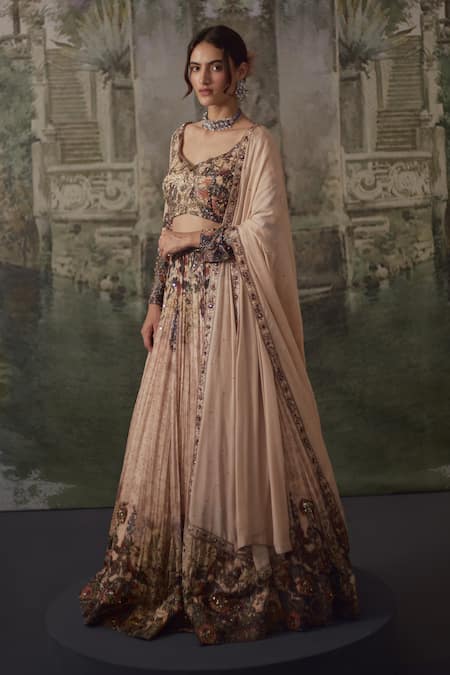Falsa_Peach Silk, Chiffon Embroidery Round Neck Hand Lehenga Set _Online_at_Aza_Fashions