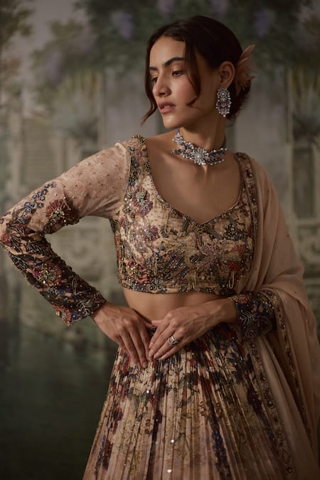 Shop_Falsa_Peach Silk, Chiffon Embroidery Round Neck Hand Lehenga Set _Online_at_Aza_Fashions