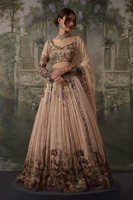 Falsa_Peach Silk, Chiffon Embroidery Round Neck Hand Lehenga Set _at_Aza_Fashions