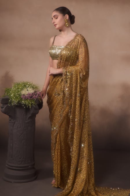 Falsa_Yellow Chantelle Sequins, Embroidery Square Neck Saree And Blouse _Online_at_Aza_Fashions