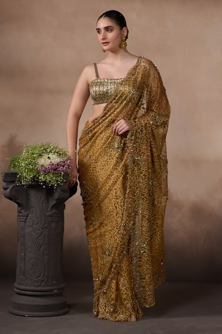 Buy_Falsa_Yellow Chantelle Sequins, Embroidery Square Neck Saree And Blouse _Online_at_Aza_Fashions