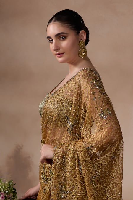 Shop_Falsa_Yellow Chantelle Sequins, Embroidery Square Neck Saree And Blouse _Online_at_Aza_Fashions