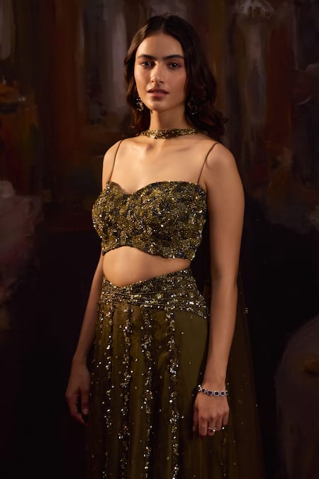Buy_Falsa_Green Silk Organza Sequins, Beads, Embroidery Sweetheart Neck Lehenga Set 