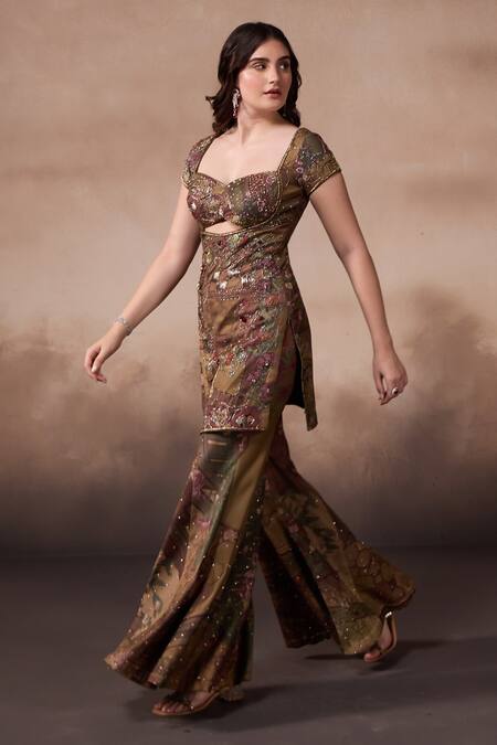 Falsa_Green Silk Satin, Tulle Sequins, Embroidery, Beads Round Tunic And Sharara Set _Online_at_Aza_Fashions