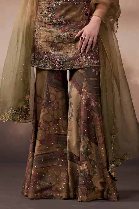 Buy_Falsa_Green Silk Satin, Tulle Sequins, Embroidery, Beads Round Tunic And Sharara Set _Online_at_Aza_Fashions
