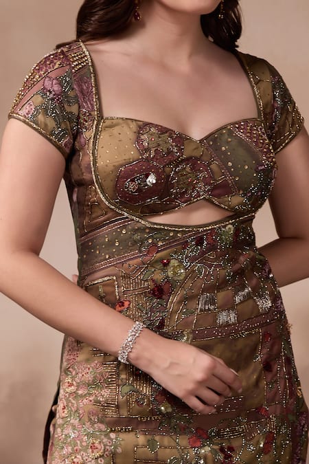 Shop_Falsa_Green Silk Satin, Tulle Sequins, Embroidery, Beads Round Tunic And Sharara Set _Online_at_Aza_Fashions