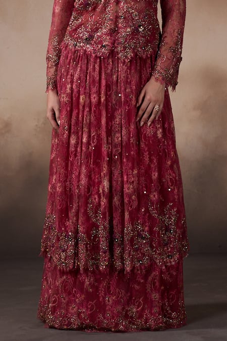 Falsa_Red Chantelle Embroidery Sweetheart Neck Jacket And Lehenga Set _Online_at_Aza_Fashions