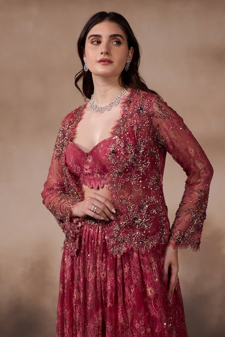 Buy_Falsa_Red Chantelle Embroidery Sweetheart Neck Jacket And Lehenga Set _Online_at_Aza_Fashions