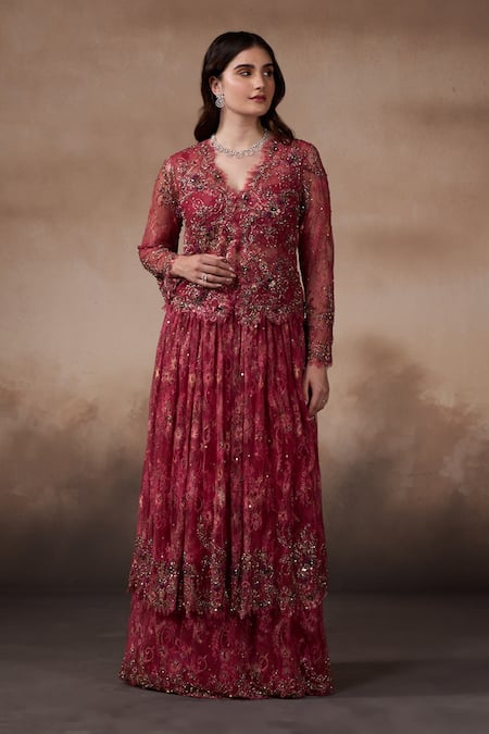Falsa Red Chantelle Embroidery Sweetheart Neck Jacket And Lehenga Set