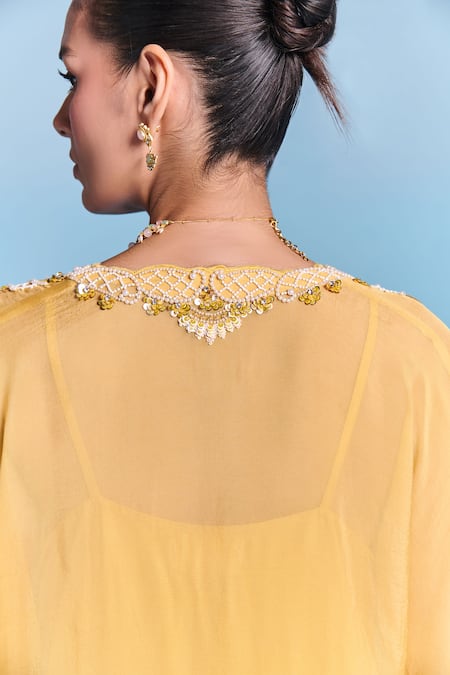 Kalista_Yellow Organza, Viscose Beads, Tassels V-neck Clarissa Kaftan Set _Online_at_Aza_Fashions