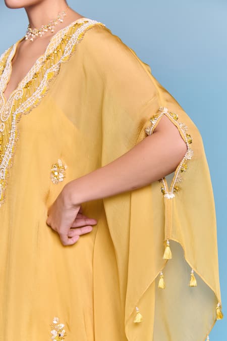 Buy_Kalista_Yellow Organza, Viscose Beads, Tassels V-neck Clarissa Kaftan Set _Online_at_Aza_Fashions