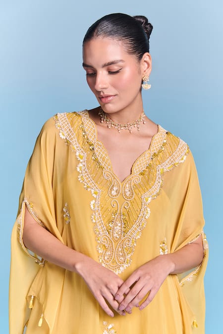 Shop_Kalista_Yellow Organza, Viscose Beads, Tassels V-neck Clarissa Kaftan Set _Online_at_Aza_Fashions