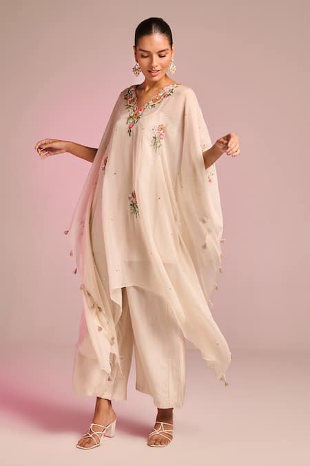 Kalista_Off White Organza, Viscose Embroidery V-neck Isla Kaftan Set _Online_at_Aza_Fashions