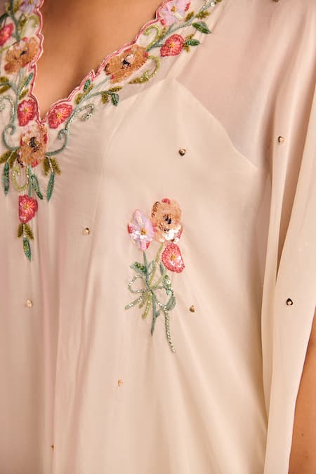 Buy_Kalista_Off White Organza, Viscose Embroidery V-neck Isla Kaftan Set _Online_at_Aza_Fashions