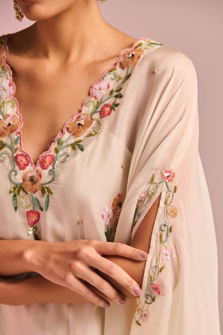 Kalista_Off White Organza, Viscose Embroidery V-neck Isla Kaftan Set _at_Aza_Fashions
