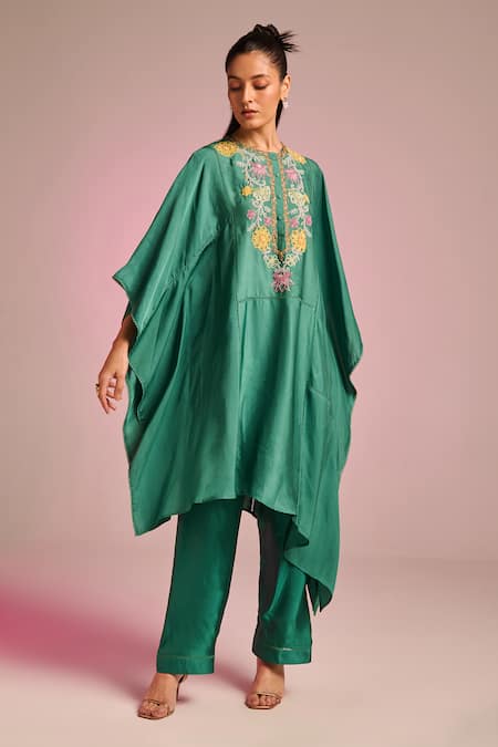 Shop_Kalista_Emerald Green Viscose Embroidery Round Neck Lana Kaftan Set _Online_at_Aza_Fashions