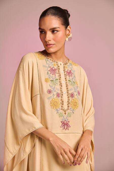 Buy_Kalista_Beige Viscose Embroidery Round Neck Lana Kaftan Set _Online_at_Aza_Fashions