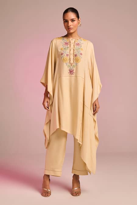 Kalista_Beige Viscose Embroidery Round Neck Lana Kaftan Set _at_Aza_Fashions