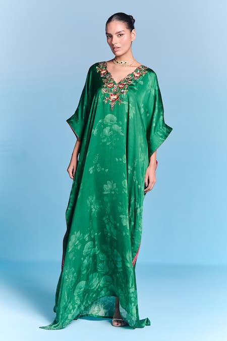Kalista_Emerald Green Viscose, Satin Embroidery V-neck Saba Kaftan _Online_at_Aza_Fashions
