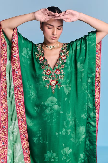 Buy_Kalista_Emerald Green Viscose, Satin Embroidery V-neck Saba Kaftan _Online_at_Aza_Fashions