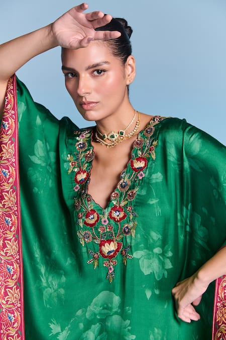 Kalista_Emerald Green Viscose, Satin Embroidery V-neck Saba Kaftan _at_Aza_Fashions