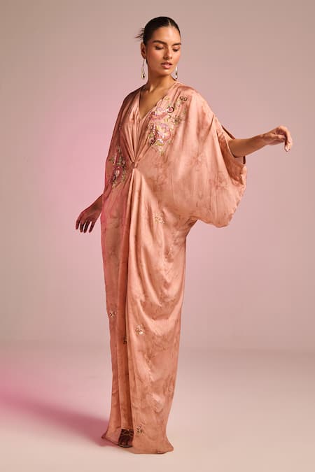 Kalista_Pink Viscose, Satin Embroidery V-neck Bella Kaftan _Online_at_Aza_Fashions